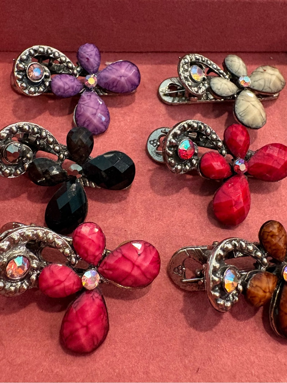 Set of Floral Hair Clips - Purple, Black, Gray, Red (2), Brown